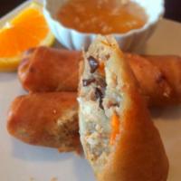 Pork Spring Rolls · 4 pieces. Ground pork, clear noodles, carrots, onions, and mushrooms in wheat flour wrapper,...