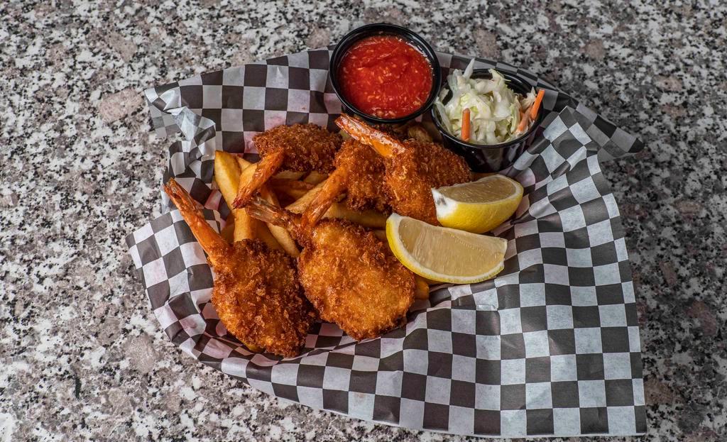 Jumbo Shrimp Basket (5 Pieces) · Served with cocktail or tarter sauce, cole slaw and Mels fries.
