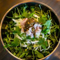 Hamachi Pesto Poke Bowl · Cilantro, Napa cabbage, garlic ponzu, fresh yellowtail, basil pesto, and jalapeno.