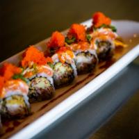 Spider Roll Special · Tempura soft crab, cucumber, seared salmon, spicy aioli, sweet brown sauce, and masago.