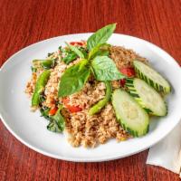 Basil Fried Rice · Thai style fried rice stirred with hot chili, egg, onion, red bell pepper, and fresh basil l...