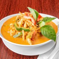 Red Curry · Simmered in coconut milk with Thai eggplant, bamboo shoot, bell pepper, and Thai basil leave...