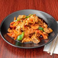 Hot Chili (Pad Phet) · Pad phet. Stir-fried in garlic and chili sauce with bamboo shoot, mushroom, Thai eggplant, p...