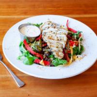 Chicken Fajita Salad · Grilled chicken over fresh greens with Sonoran ranch dressing, Colby Jack cheese, sauteed on...