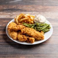 Crispy Chicken Tenders · Crisp fried chicken tenders served with french fries, cream gravy and green beans.