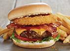 BBQ Bacon Supreme Burger · Crisp lettuce, tomato, applewood smoked bacon, a crispy onion ring, BBQ sauce, mayonnaise and melted cheddar cheese.