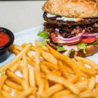 Bacon Burger · Crispy hickory-smoked bacon makes this thick and juicy burger even better. Topped with chees...