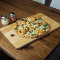The Back Yard Pie Lunch · Artichoke, spinach, tomatoes, garlic, mushrooms, Parmesan, pepperoncini's, mozzarella and re...