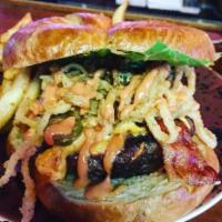 Awesome Burger and Choice of Appetizers · Bacon, fried jalapenos, fried pickles, onion straws, pimento cheese, and spicy Cajun sauce o...