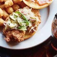 Buttermilk Fried Chicken Sandwich · Fried chicken breast, coleslaw, and spicy mayo. Served with choice of side.