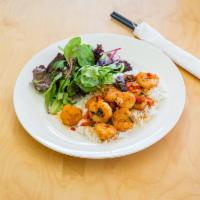 5-Pepper Shrimp Plate · Shrimp dipped in five pepper rub, sauteed and served over rice with mixed salad.