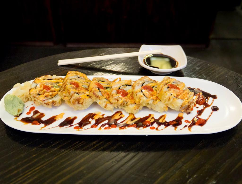 All in Roll · Deep fried. Spicy crab, avocado, cream cheese, hot sauce, eel sauce and spicy mayo.