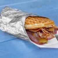 Bacon Maple Bacon · Bacon, 100% pure-maple cream and Canadian bacon on a fresh, baked to order waffle.