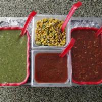 Mild Salsas · Includes red chunky salsa (onions), red salsa (no onions), and green tomatillo salsa.