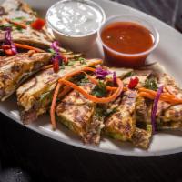 Grilled Steak Quesadilla · With Peppers and Onions, 3 Cheese Blend (Jack, Cheddar, Mozzarella), Served With Sour Cream ...