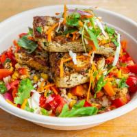 BOWL Grilled Tofu · Served On A Bed Of Brown Rice Topped With Mixed Veg, Salsa Cruda, Chipotle Mayo And Arugula ...