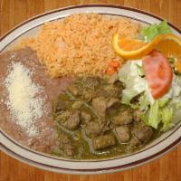 Chile Verde · Tender diced pork in a delicious green sauce, with ricem beans and salad. 