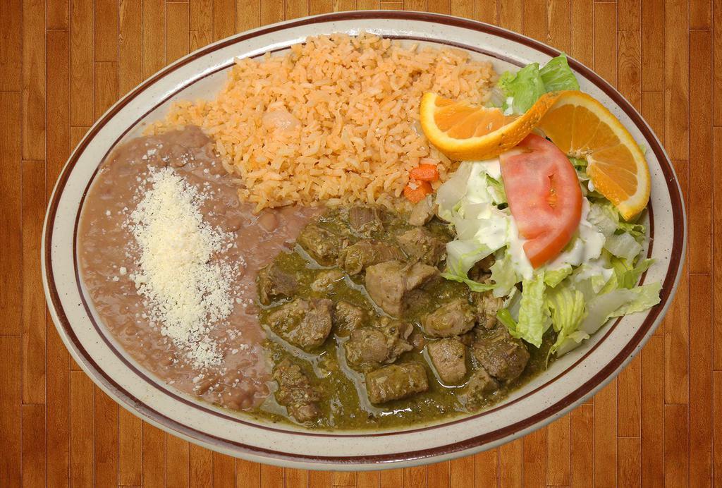 Chile Verde · Tender diced pork in a delicious green sauce, with ricem beans and salad. 