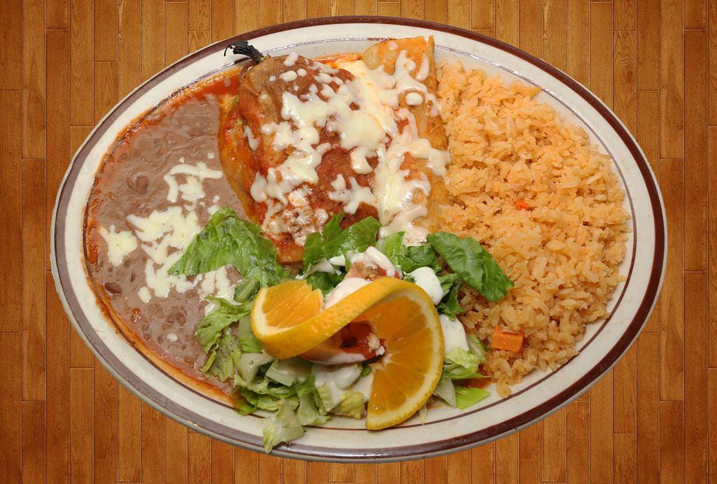 NEW COMBO #1 · 2 Enchiladas + 1 Taco 
Served with rice, beans and salad. 