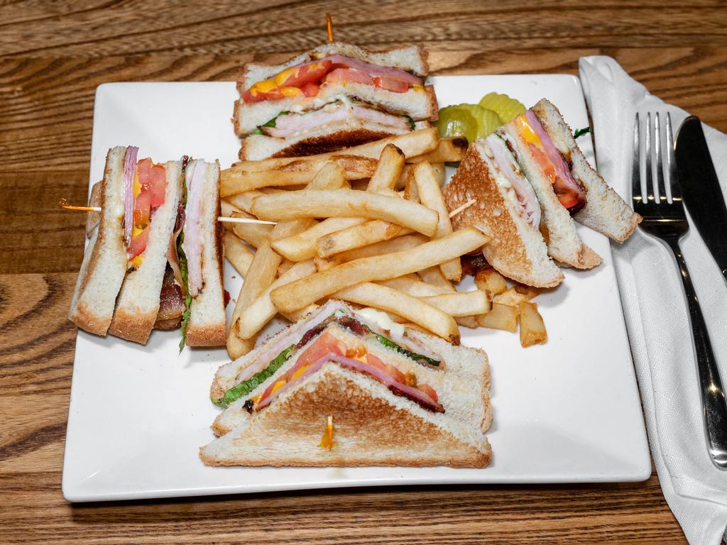 Adagio's Club Sandwich · Turkey, ham, bacon, lettuce, mayo, tomato, Swiss and American cheeses, Texas toast.