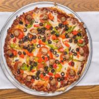 Supreme Pizza · Sausage, pepperoni, green, red peppers, black olives, onions, mozzarella.
