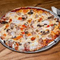 Deluxe Pizza · Sausage, red peppers, onions, mushrooms, mozzarella.
