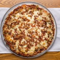 The Top of the Line Pizza · Sausage, pepperoni, green olives, onions, mushrooms, green peppers, bacon bits, mozzarella. ...