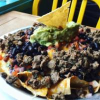 Nachos with *Meat* · *with cheese, black beans, and pico de gallo*