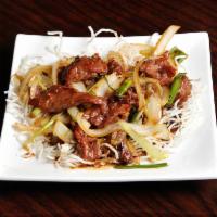 Mongolian Beef Combination Plate · Served with choice of fried rice or white rice and shrimp or pork egg roll.