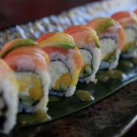 C1. Alaska Deluxe Roll · Carb, mango, cucumber and salmon on top.