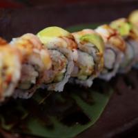 C6. Shrimp Lover Roll · Shrimp tempura, crab and cucumber with shrimp and avocado on top eel sauce.