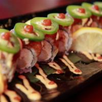 C14. Sunset Roll · Shrimp tempura, crab and cucumber with spicy tuna and jalapeno on top 2 sauce.