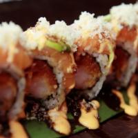C16.  99 Roll · Shrimp tempura spicy tuna and cream cheese with salmon and avocado on top 2 sauce.