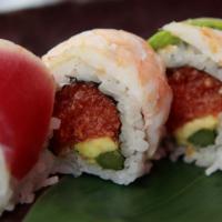 C17. Over the Rainbow Roll · Spicy tuna roll with 4 different fresh fish and avocado on top.