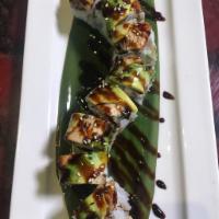 C25. Dragon Roll · Crab, avocado and cucumbers with eel and avocado on top eel sauce.