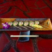 C26. Lollipop Roll · Salmon,mango, kani and shrimp wrapped in cucumber with sweet vinegar.