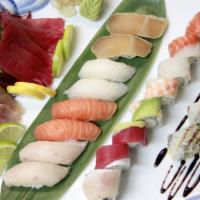 Love Boat Platter · 10 pieces of assorted sashmi, 8 pieces of nigiri with a rainbow and crunch roll.