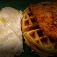 Chicken and Waffles · Juicy chicken breast served over a buttermilk waffle and 2 eggs any style.