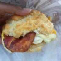 Applewood Bacon, Egg and Cheese Biscuit · Smoked cured meat.