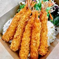 Ebi Fry Katsu Curry Plate · Jumbo Fried Shrimp Katsu over White Rice, and a small side green salad. Served with Pickled ...