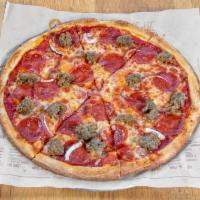 Meat Eater (Large) · pepperoni, crumbled meatballs, red onion, mozzarella, red sauce