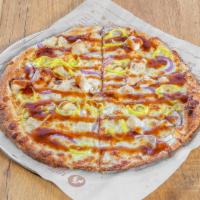 BBQ Chkn (Large) · grilled chicken, mozzarella, red onion, banana peppers, gorgonzola, bbq sauce drizzle