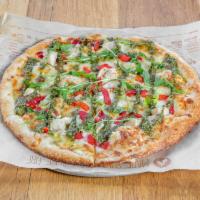Green Stripe (Large) · pesto drizzle over grilled chicken, roasted red peppers, chopped garlic, mozzarella, arugula