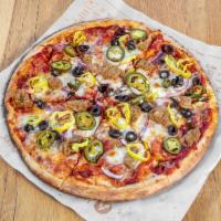 Hot Link (Large) · italian sausage, banana peppers, jalapenos, black olives, red onions, mozzarella, spicy red ...