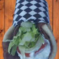 Famous Greek Gyro · Chef favorite original sliced gyro meat, wrapped on pita bread with lettuce, tomato, onion, ...