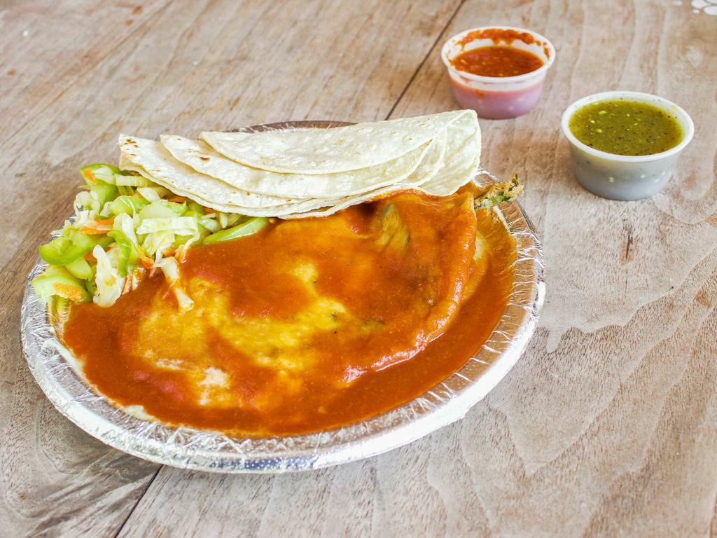 Chile Relleno (pepper only)  · Pasilla chile filled with cheese and fried in an egg batter and covered with sauce. Comes with coleslaw and three corn tortillas.
