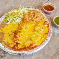 2 Enchiladas Plate · Lightly fried tortillas rolled with cheese or choice of meat. Topped with red sauce.