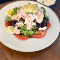 Bo's Shrimp Louis Salad · Bay shrimp, mixed greens, avocado, tomato, hard boiled cage-free egg with Thousand Island dr...