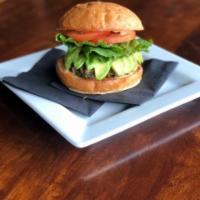 Black Bean Veggie Burger · Quinoa, oats & black bean patty, thousand island, lettuce, and tomato. Served with your choi...