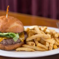 Bacon Cheddar Burger · Cheddar, bacon, lettuce, tomato and thousand Island. Served with your choice of side.